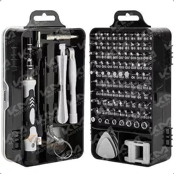 Kit de herramientas para electrónica Universal de 117 piezas con destornilladores, pinzas y accesorios en la imagen.