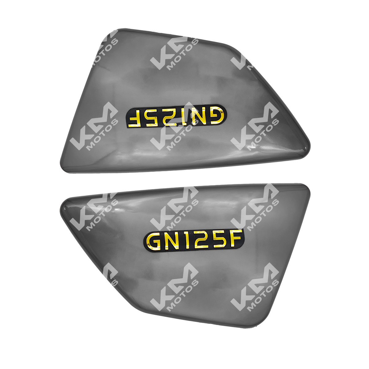 Tapaderas laterales grises para motocicleta GN125-F de KM Motos, protección y acabado en el lateral del vehículo.