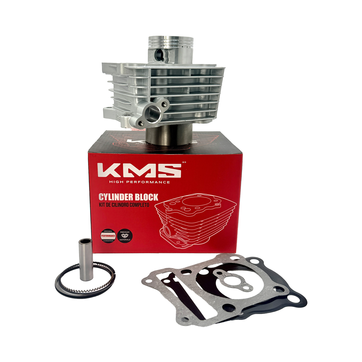Cilindro de motor para motocicleta KMS en125/GN125F, vista frontal del kit de cilindro con componentes metálicos y detalles técnicos