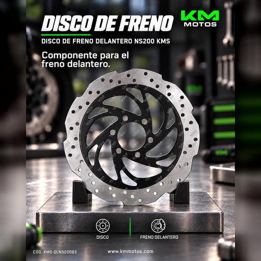 Disco de freno delantero para NS200 de la marca KM Motos, mostrando su superficie metálica y diseño resistente.