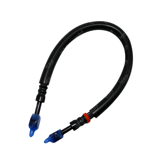 Manguera de freno trasera para NS200 de KM Motos, tubo de goma y conexiones metálicas, en color negro.