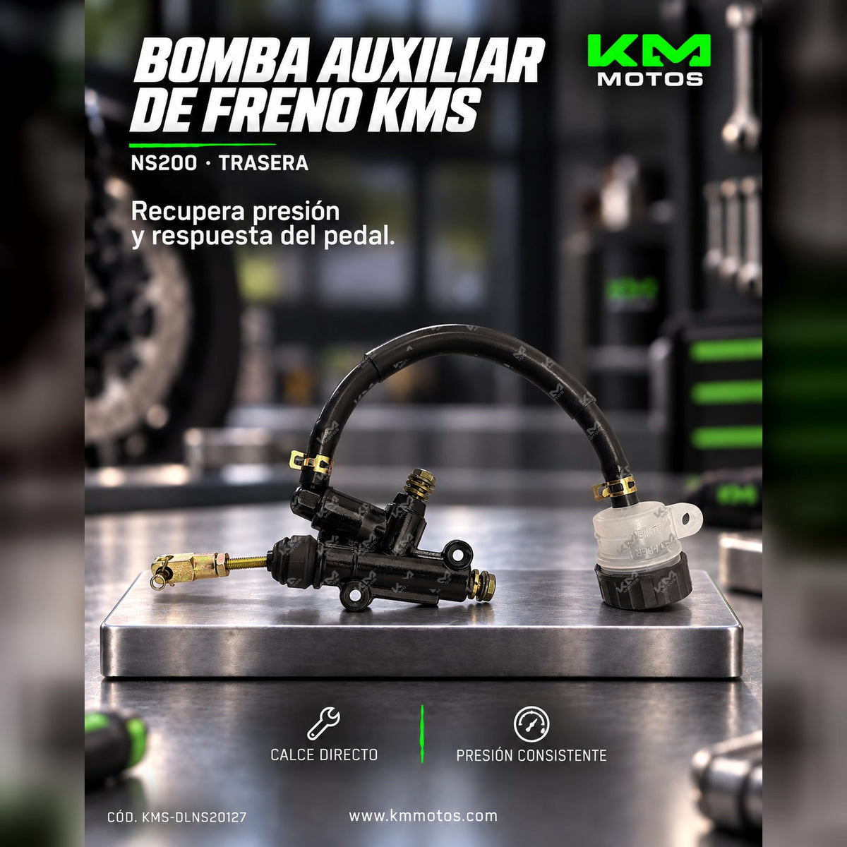 Bomba de freno auxiliar trasera KMMOTOS para NS200, componente de sistema de frenado en buen estado en la imagen.