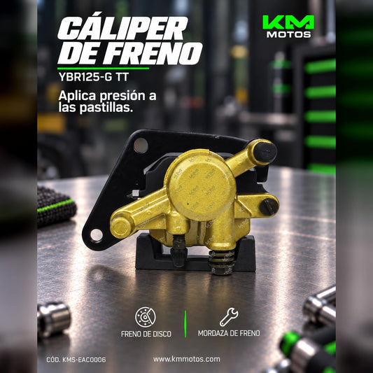 Caliper de freno para YBR125-G TT, mordaza de la marca KM Motos, montaje y componentes visibles en la imagen.