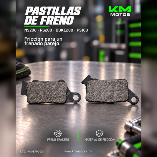 Pastillas de freno traseras para NS200, RS200, Duke 200 y PS160, marca KM Motos, en empaque y lista para instalar.