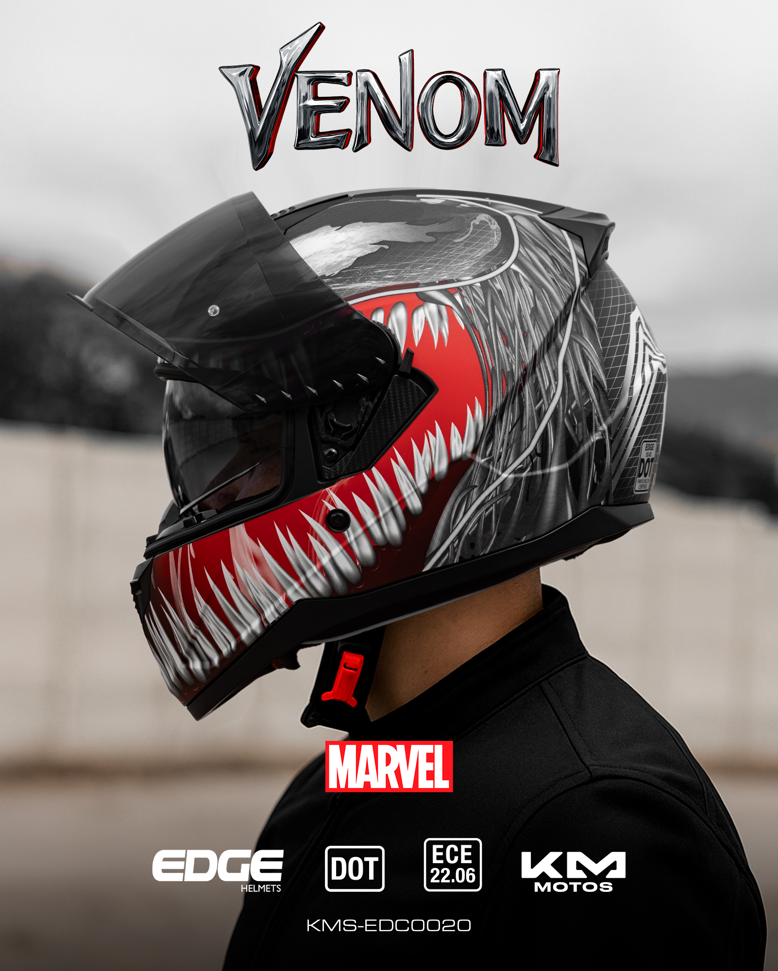 CASCO CERRADO MARVEL VENOM NEGRO MATE VIS/OSCURA DOBLE EDGE TALLA "XL" DOT/ECE - KMMOTOSHN