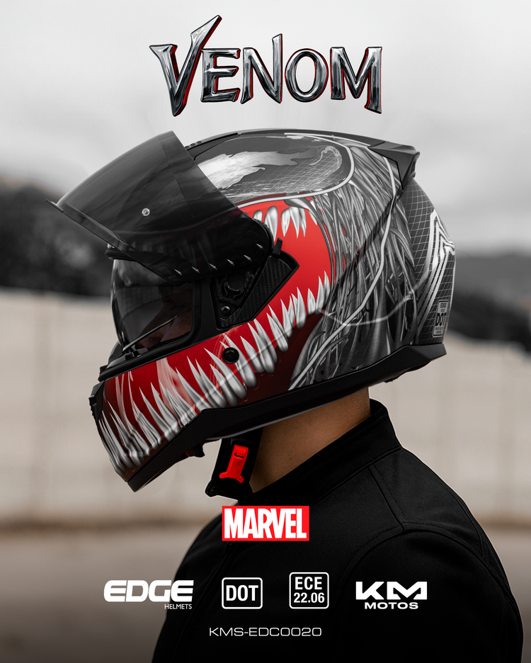 CASCO CERRADO MARVEL VENOM NEGRO MATE VIS/OSCURA DOBLE EDGE TALLA "XL" DOT/ECE - KMMOTOSHN