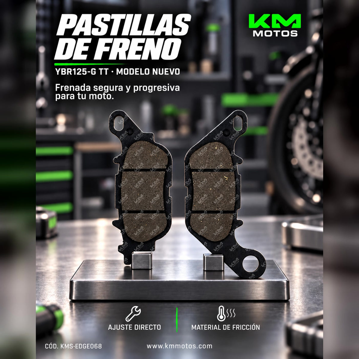 Pastillas de freno KM Motos YBR125-G TT, modelo nuevo, mostrando las pastillas de freno para motocicleta YBR125-G TT.