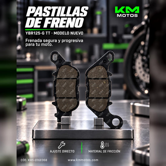 Pastillas de freno KM Motos YBR125-G TT, modelo nuevo, mostrando las pastillas de freno para motocicleta YBR125-G TT.