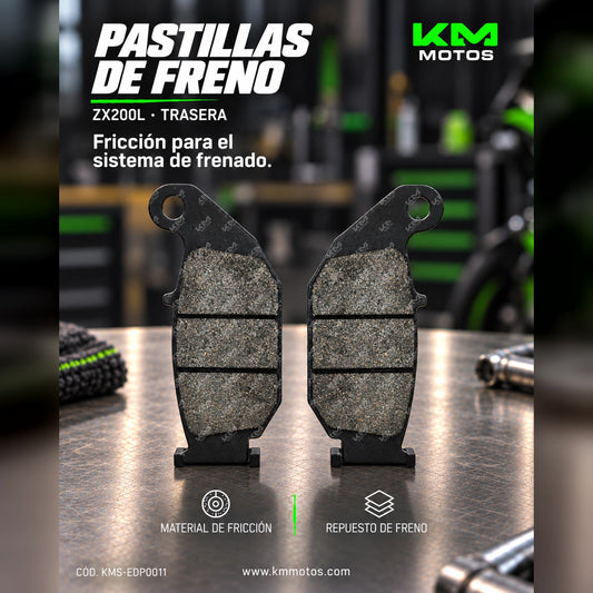 Pastillas de freno traseras KM Motos ZX200L, componentes de freno para motocicleta, en imagen con marcado y detalles visibles.
