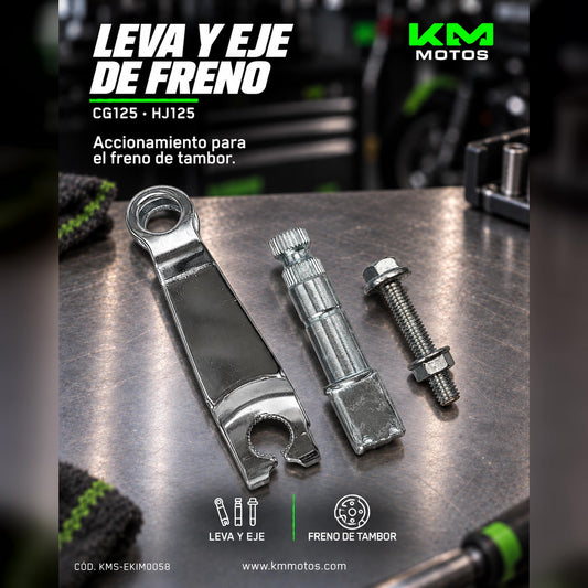 Leva de freno universal con eje para motos CG125 y HJ125, imagen mostrando la pieza metálica de montaje y diseño robusto.