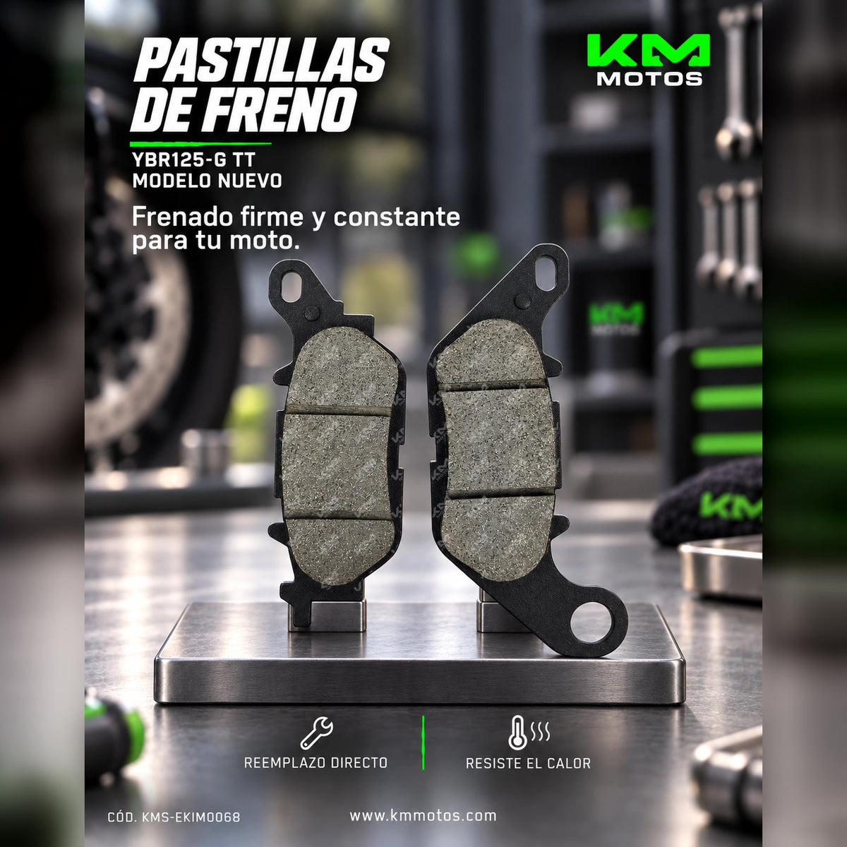 Pastillas de freno KM Motos para YBR125-G TT, modelo nuevo, con componentes de alta calidad y diseño para rendimiento óptimo.