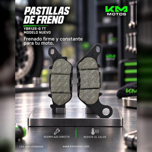 Pastillas de freno KM Motos para YBR125-G TT, modelo nuevo, con componentes de alta calidad y diseño para rendimiento óptimo.