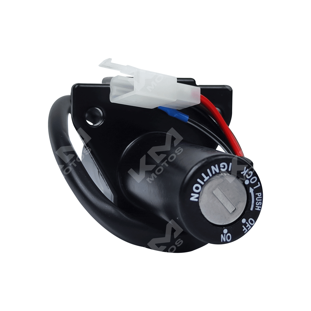 Cerradura de llave de encendido para Yamaha YBR125, marca KM Motos, vista de la cerradura de ignición y llave.