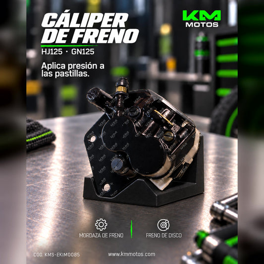 Caliper delantero KMS HJ125/GN125 de moraza, componente de freno para motocicleta, en color negro con detalles metálicos.