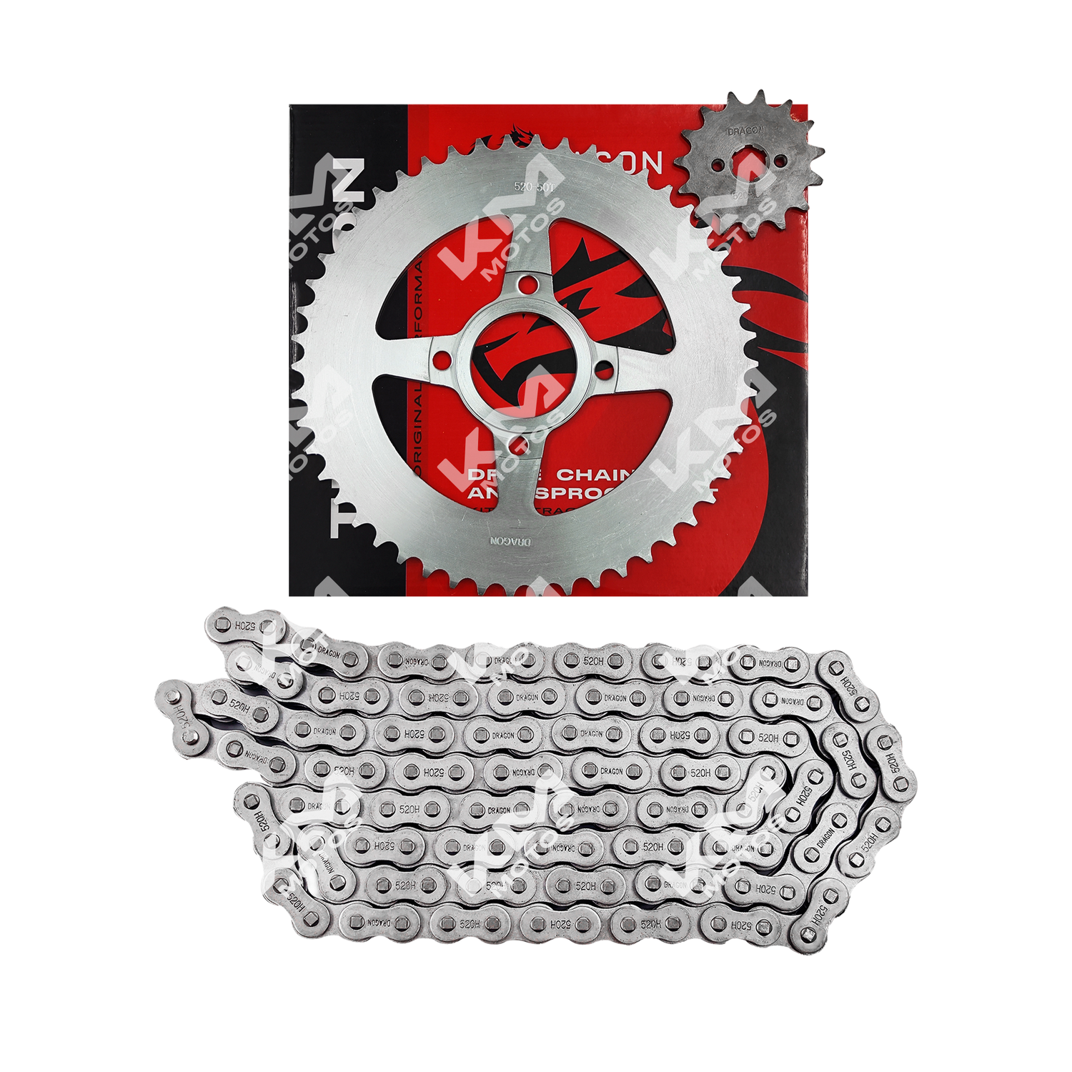 Kit de tracción KM Motos para arrastre de 50T/15T, bujes cadena 120L, compatible con DM150 y XM200Z, resistente y duradero.