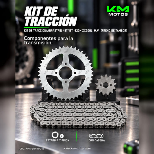 KIT DE TRACCION(ARRASTRE) 45T/13T -520H ZX200L  M.V  (FRENO DE TAMBOR) — KMS-ENVT0046 | KM Motos