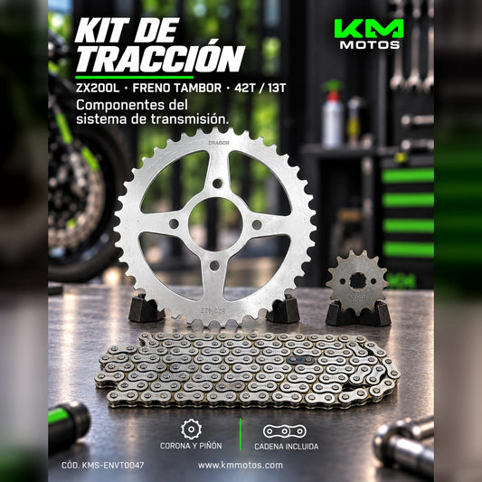 Kit de tracción KM Motos para ZX200L con cadena 118L, 42T/13T y freno de tambor, usado en maquinaria de construcción.