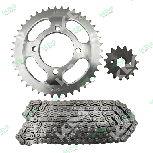 Kit de tracción KM Motos para CGL125 y FT125, incluye cadena de 42T/15T, resistente y duradera para motocicletas.