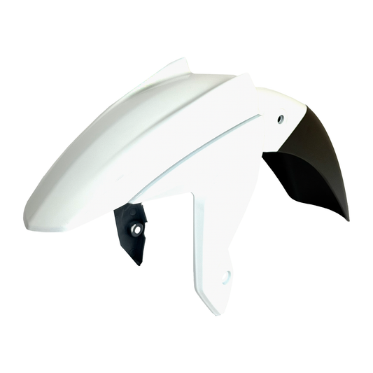 Guardafango delantero Apache 200 en color blanco y negro de la marca KMS, muestra el diseño del protector para motocicleta.