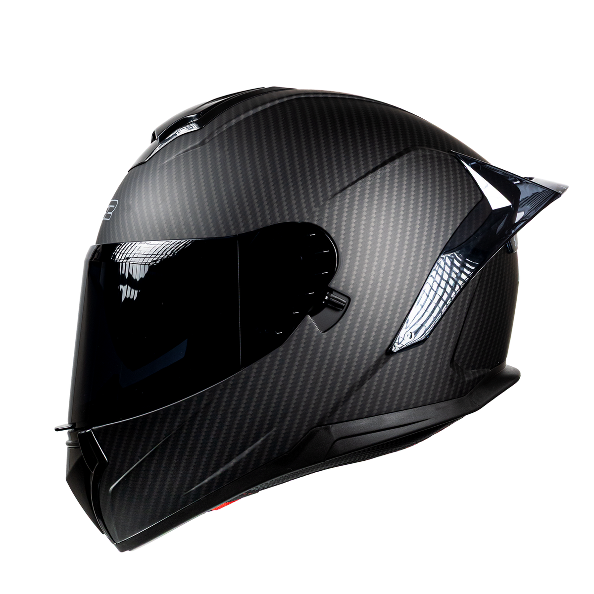 Casco integral negro con fibra de carbono KM Motos, visor oscuro y diseño aerodinámico para motociclistas.