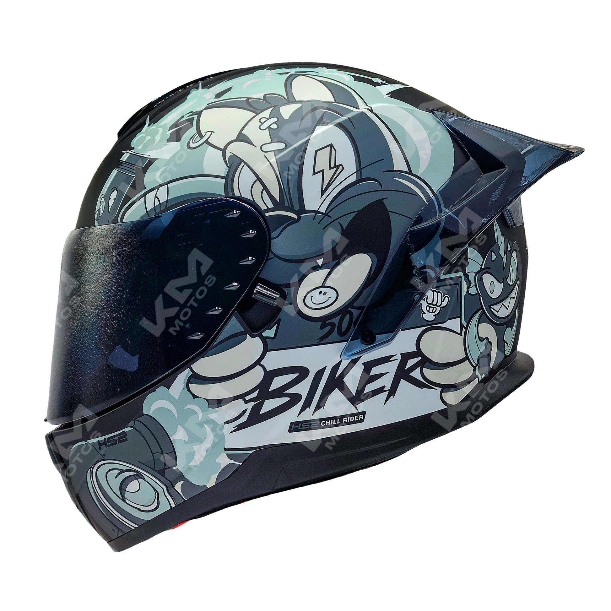 Casco cerrado para moto KM Motos Cat 504 B/N con visera oscura y tamaño L, diseño seguro y resistente para motociclistas.