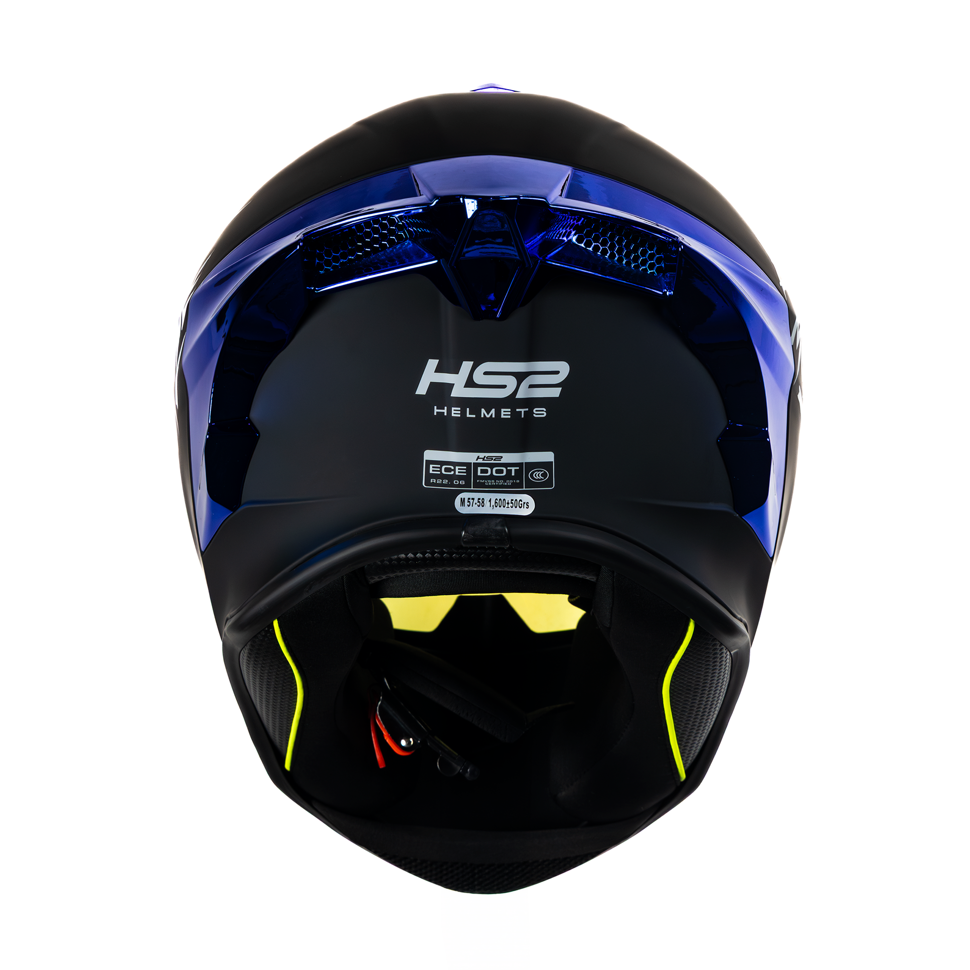 Casco integral HS2 Beast Mode ZL-602 HS2 D.V. con visera azul fotocromática en tamaño XL, aprobado ECE/DOT, vista trasera.