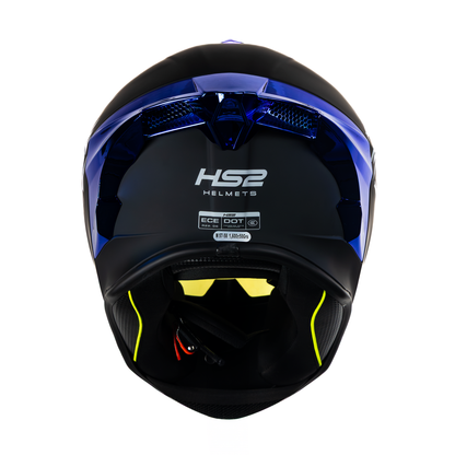 Casco integral HS2 Beast Mode ZL-602 HS2 D.V. con visera azul fotocromática en tamaño XL, aprobado ECE/DOT, vista trasera.