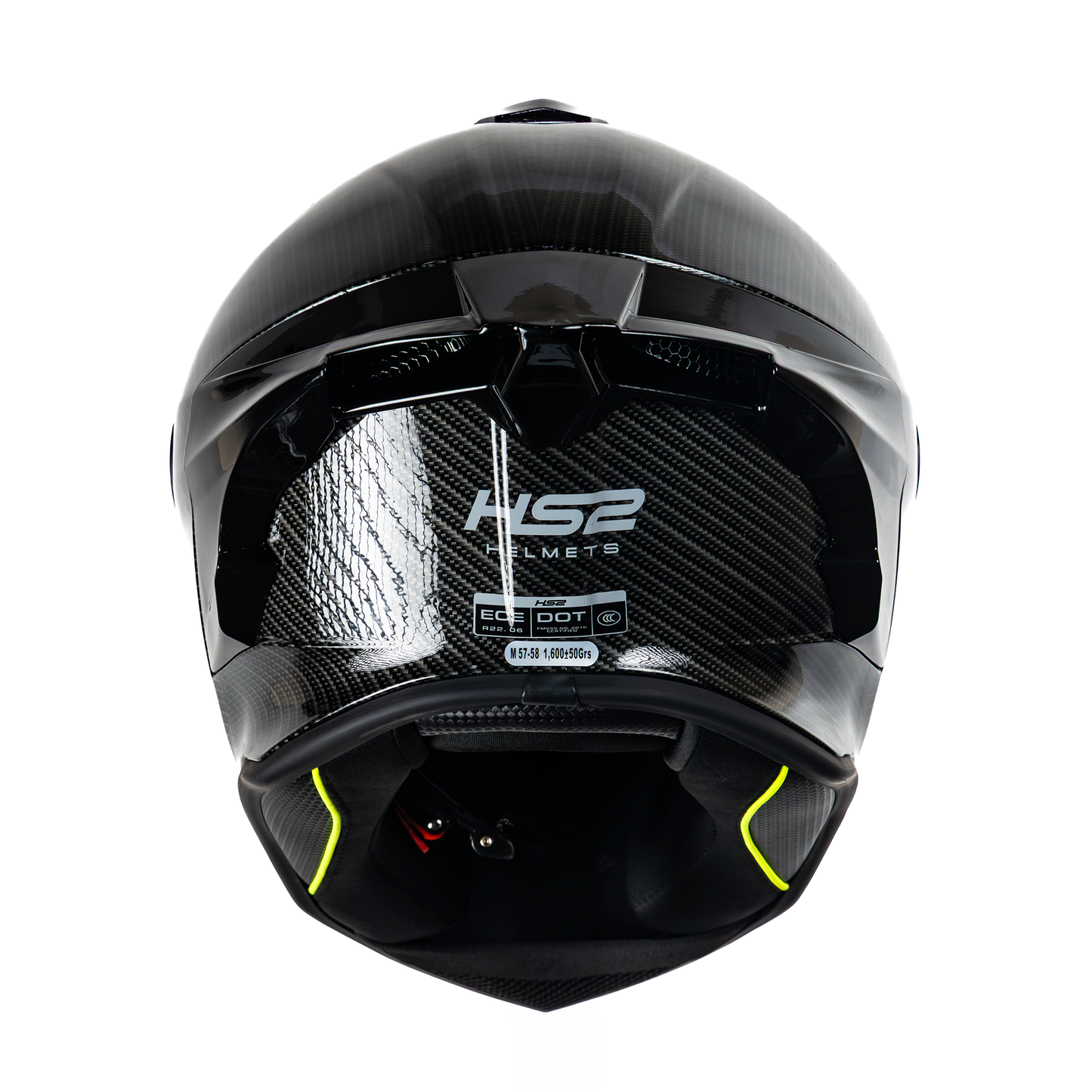 Casco integral HS2 ZL-602 HS2 fibra de carbono con visera oscura y certificación ECE/DOT, visto desde atrás.