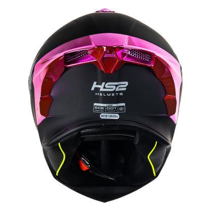 Casco integral HS2 Beast Mode ZL-602 HS2 con visera rosa fotocromática y certificación ECE/DOT, visto desde atrás.