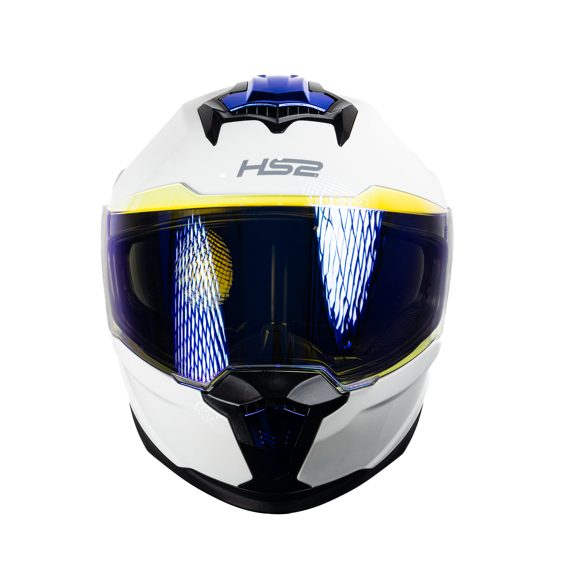Casco integral HS2 Ride the Storm blanco con visera azul fotocromática, tamaño XXL, certificado ECE/DOT, vista frontal.