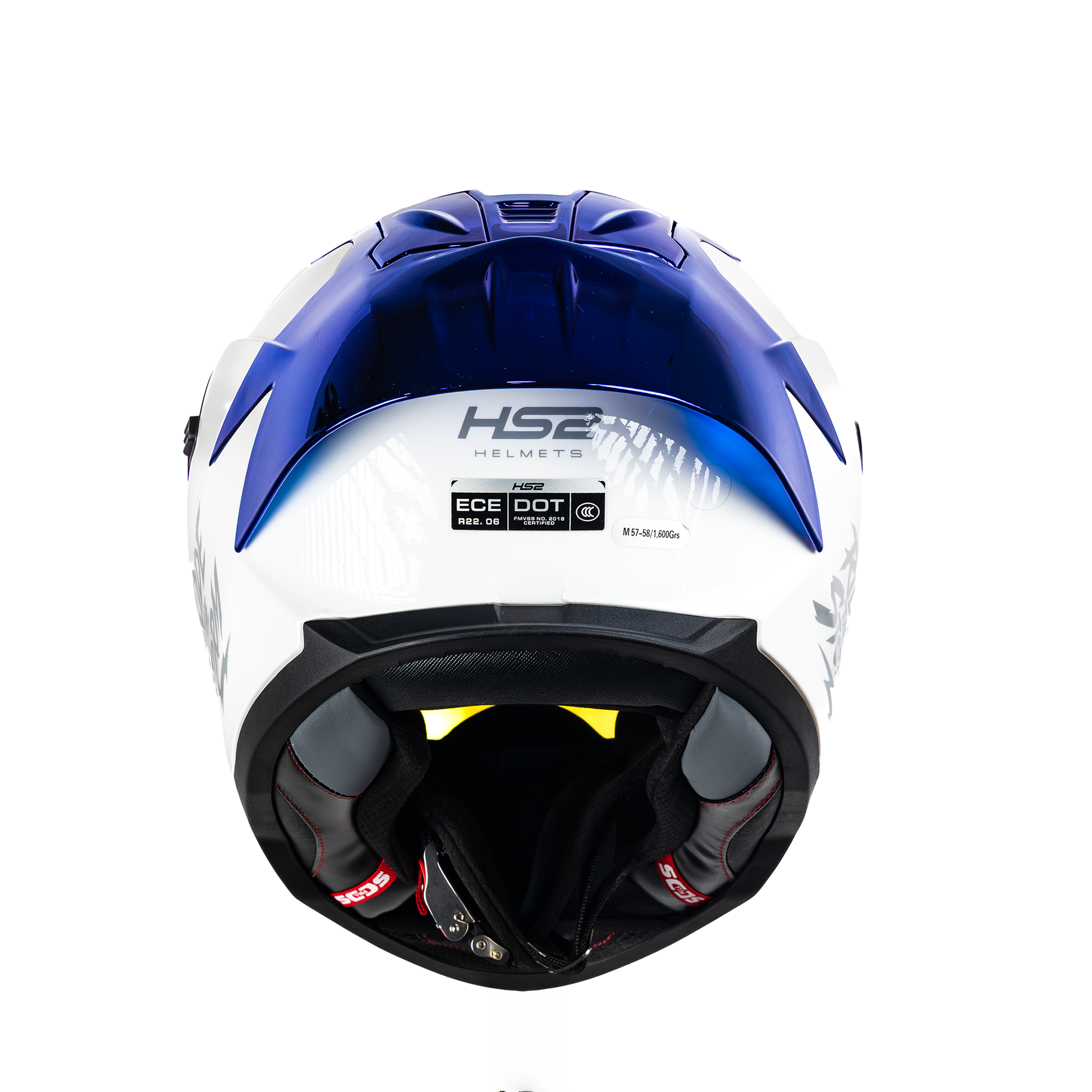 Casco integral HS2 Ride the Storm blanco con visera azul fotocromática, tamaño XXL, ECE/DOT, vista trasera.