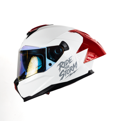 Casco integral HS2 Ride the Storm blanco con visera roja fotocromática, tamaño M, homologado ECE/DOT, diseño robusto y seguro.