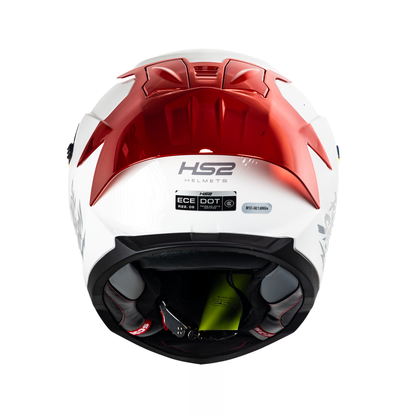 Casco integral HS2 Ride the Storm blanco con visera roja fotocromática, tamaño XXL, vista trasera.