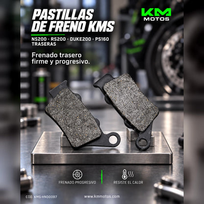 Pastillas de freno traseras KM Motos para NS200, RS200, Duke200 y PS160, colocadas en una motocicleta.