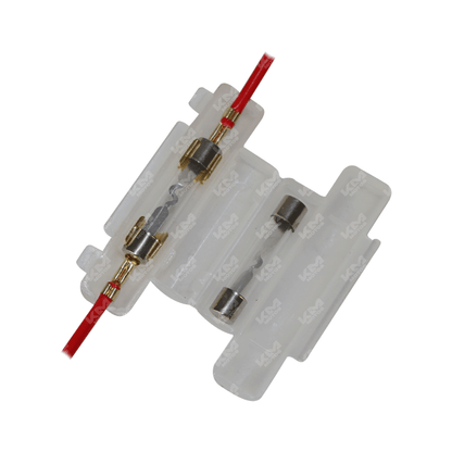 Porta fusible de vidrio doble KM Motos, componente eléctrico para protección en sistemas de motocicleta.