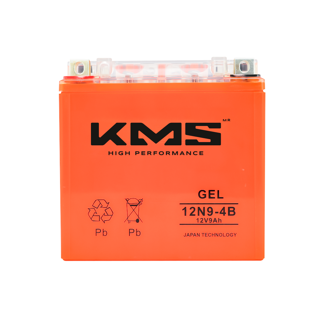 Batería de gel KM Motos 12N9-4B para motocicleta, vista de la terminal y etiqueta en la parte superior