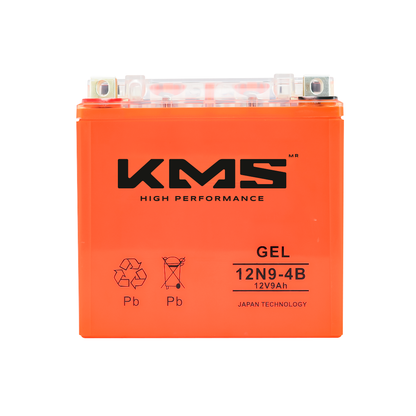 Batería de gel KM Motos 12N9-4B para motocicleta, vista de la terminal y etiqueta en la parte superior