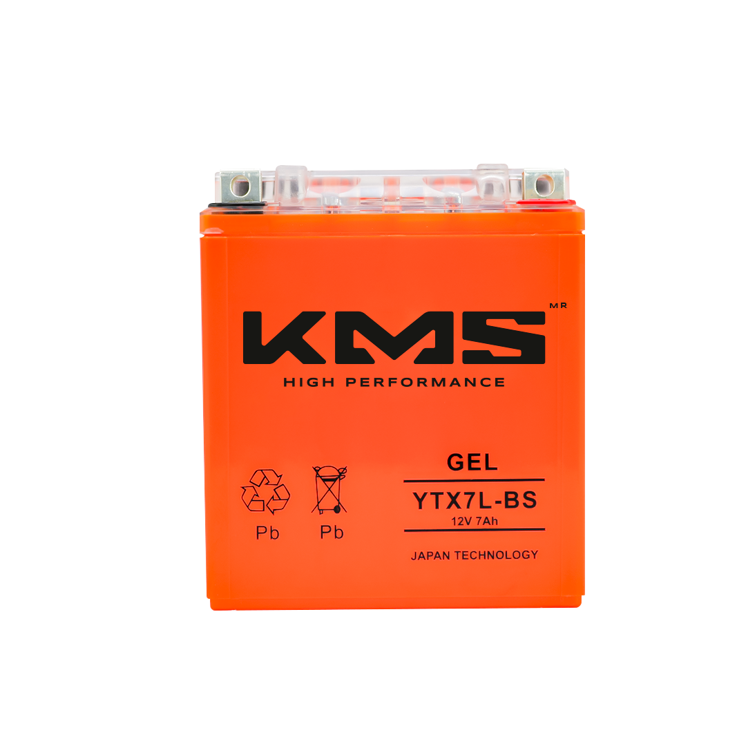 Batería de gel KM Motos YTX7L-BS para motos, con conexiones y terminales visibles en imagen clara y detallada.