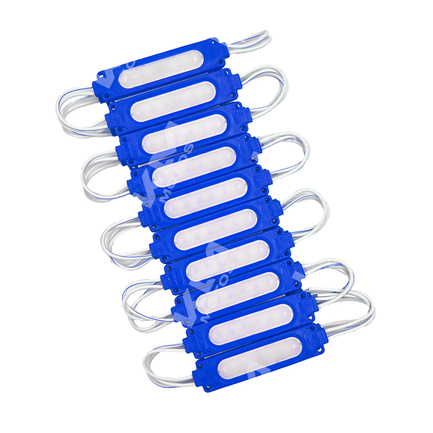 Módulos de gel de un punto azul KMS, productos de cuidado capilar, con envase y etiquetas visibles.