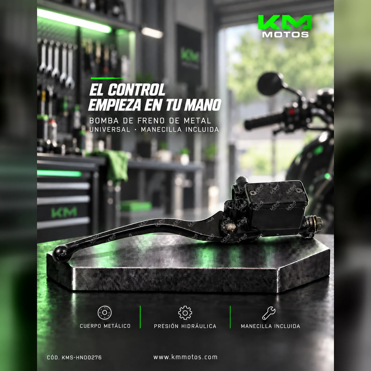 Bomba de freno metálica universal KM Motos para XL125, GXT-200, KMF-200 y más, con manecillas resistentes y diseño compacto.