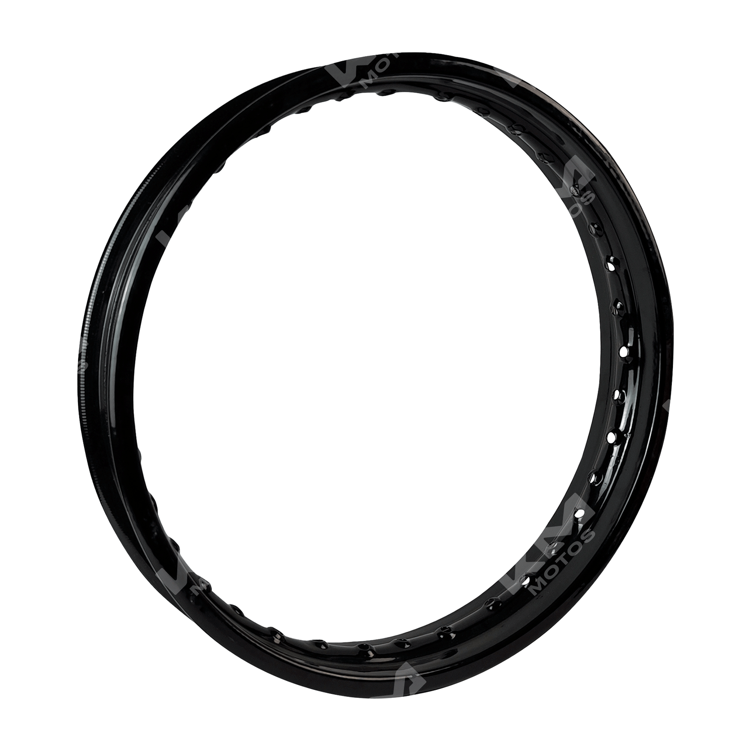 Rin de metal negro para moto 1.85-19 de la marca KM Motos, diseño resistente y estilo deportivo para motocicletas.