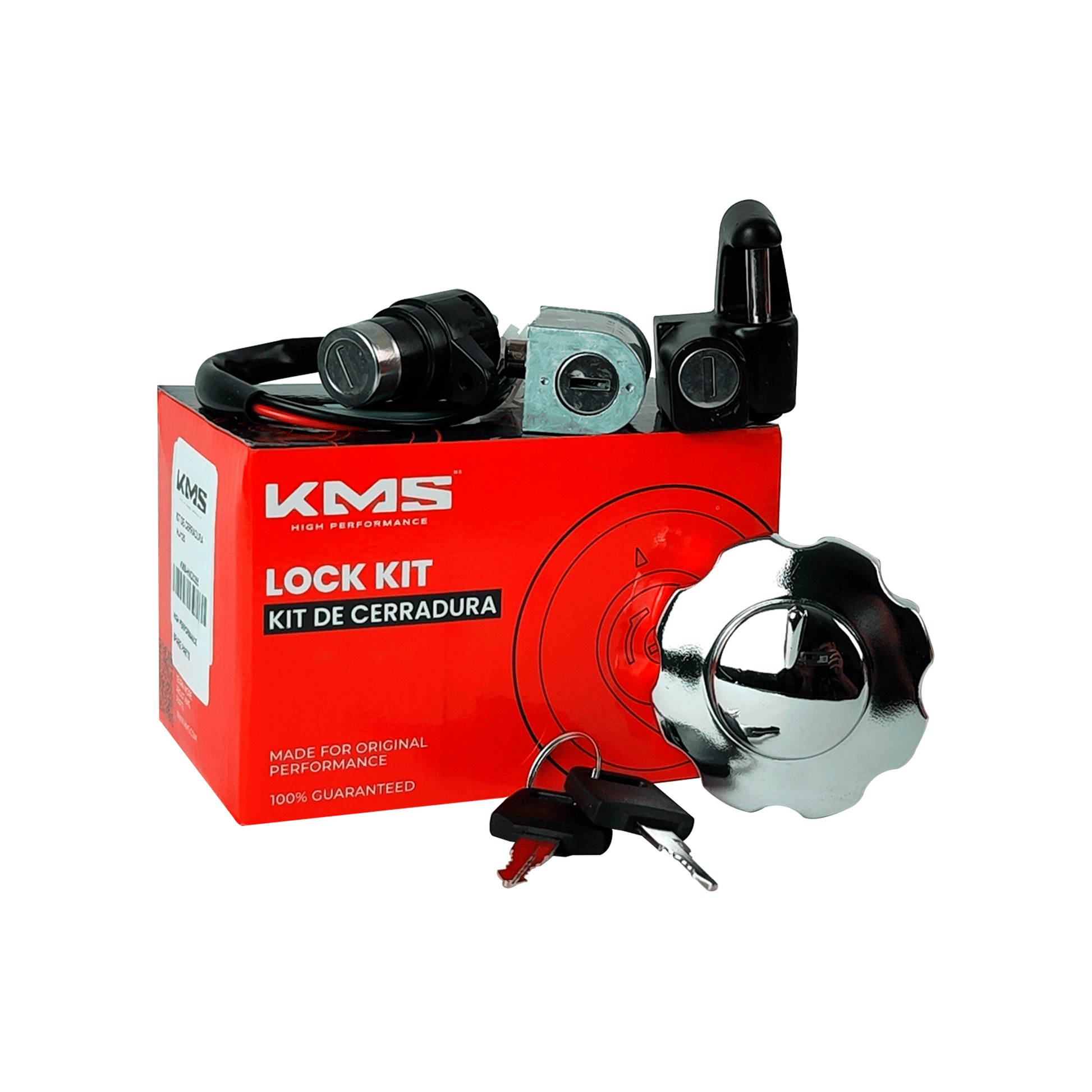 Cerradura con llave KM Motos FT125, vista frontal en color negro, mostrando el mecanismo y la estructura de la cerradura.