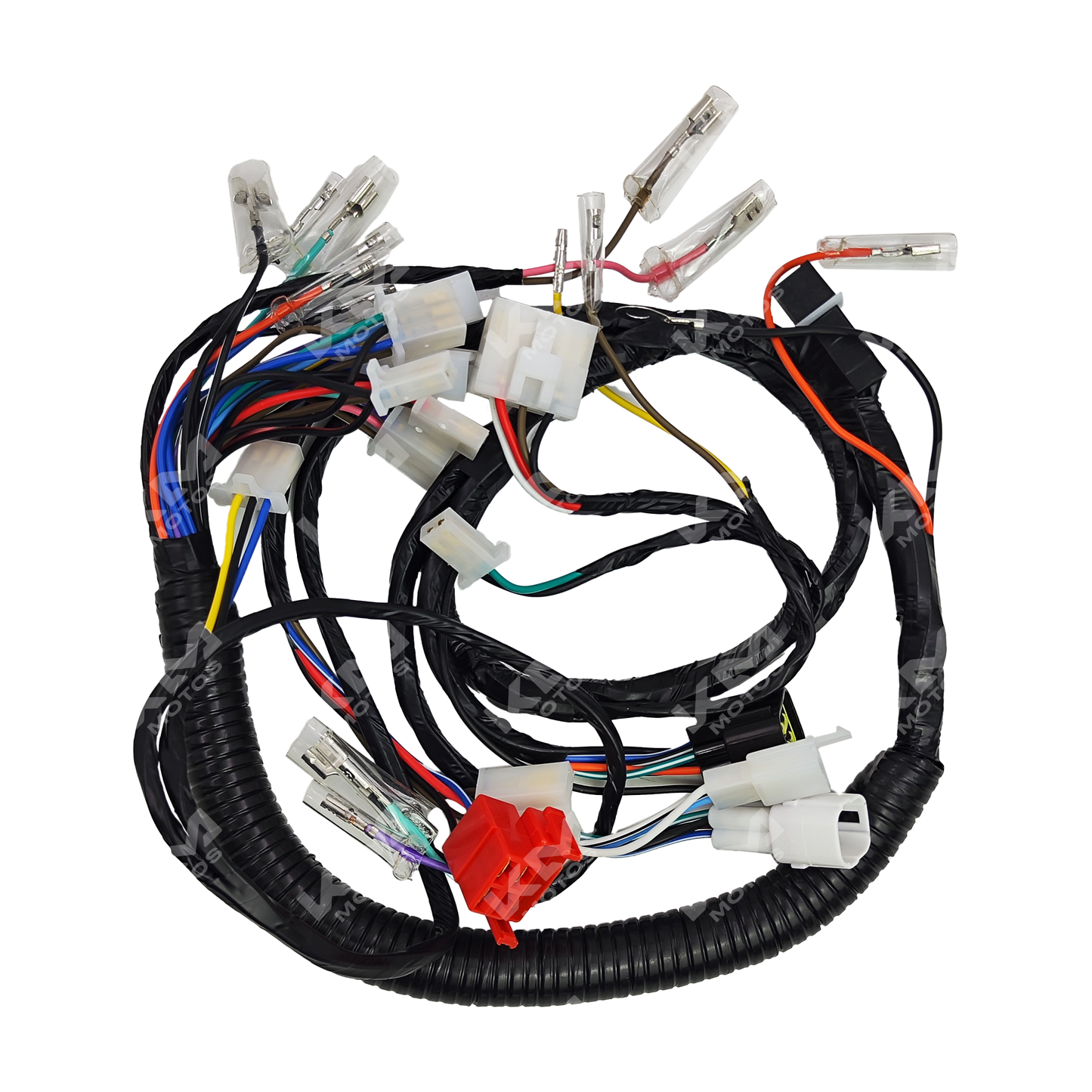 Arnés eléctrico para Yamaha YBR125 de la marca KM Motos, con componentes y cableado visibles en imagen.