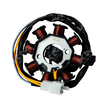 Bobina de magneto KM Motos para CB125 y CB200, compatible con cadena 8-2 STD, en color negro y diseño compacto