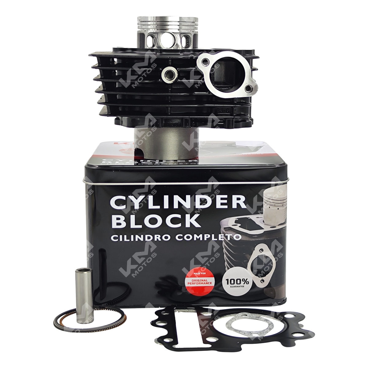 Kit de cilindro KMS PS135 para Pulsar con empaques en caja metálica, incluye componentes para reparación y mantenimiento de motocicleta.