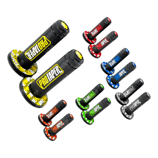 Pepes protapers negros y en colores de KM Motos, manubrios deportivos para motocicletas, en imagen con diferentes tonos.