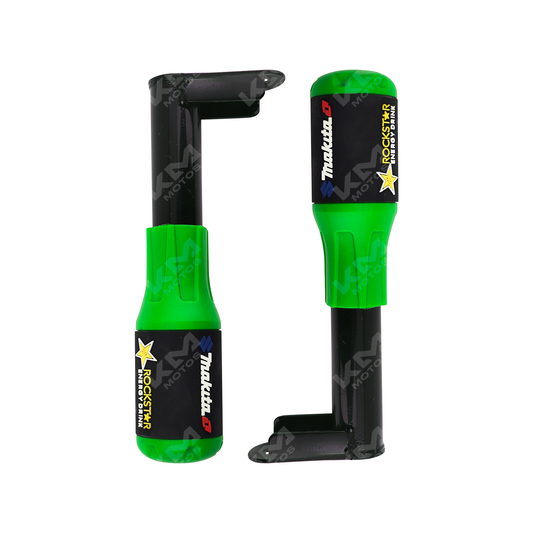 Defensa de motor slider KMS de 2 piezas en color verde, compatible con diferentes modelos de motocicletas.