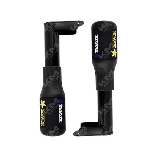 Set de sliders de defensa de motor KM Motos, 2 piezas, color negro, para protección universal en motocicletas.