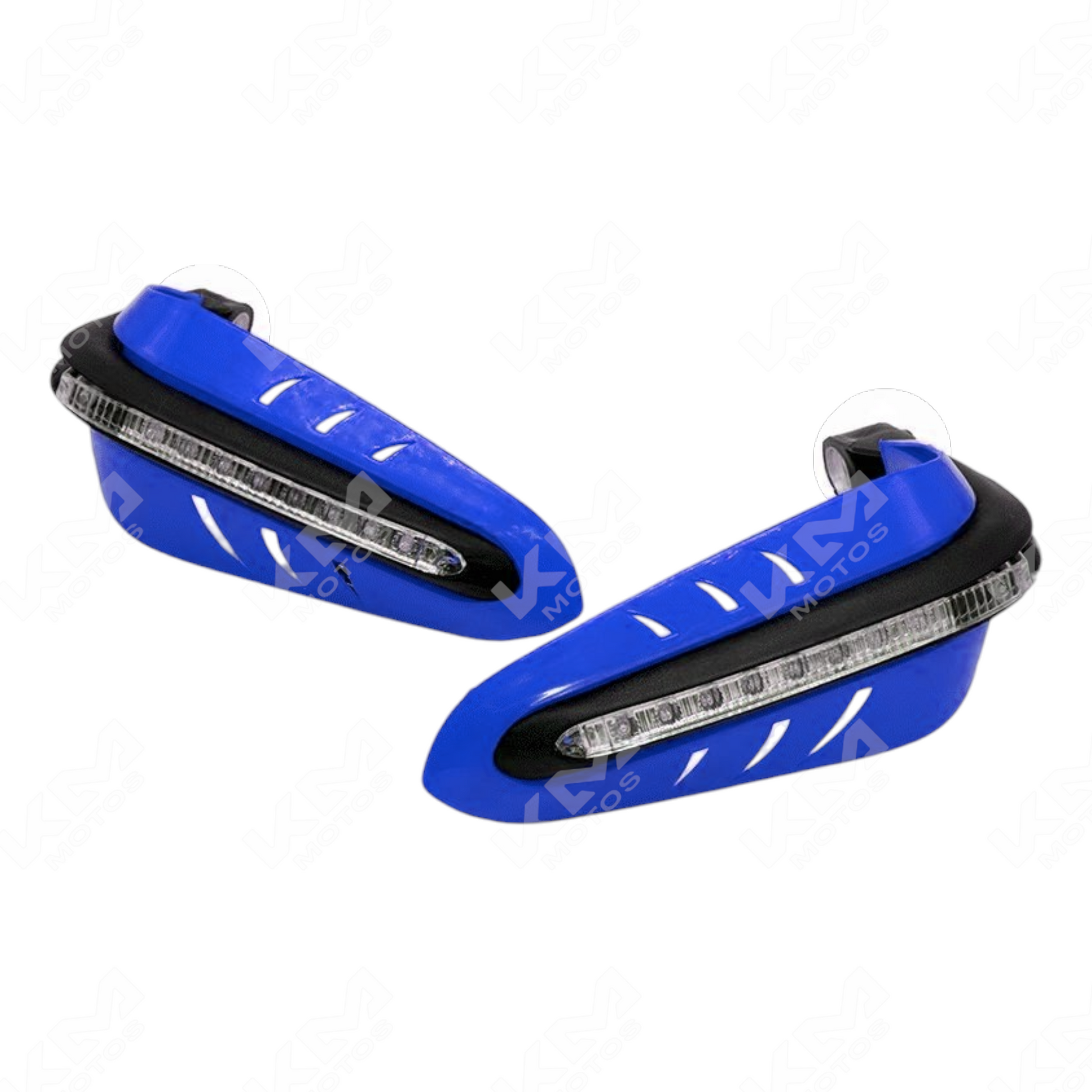 Protector de punos KM Motos con luces direccionales azules para mayor seguridad y estilo en motocicletas.
