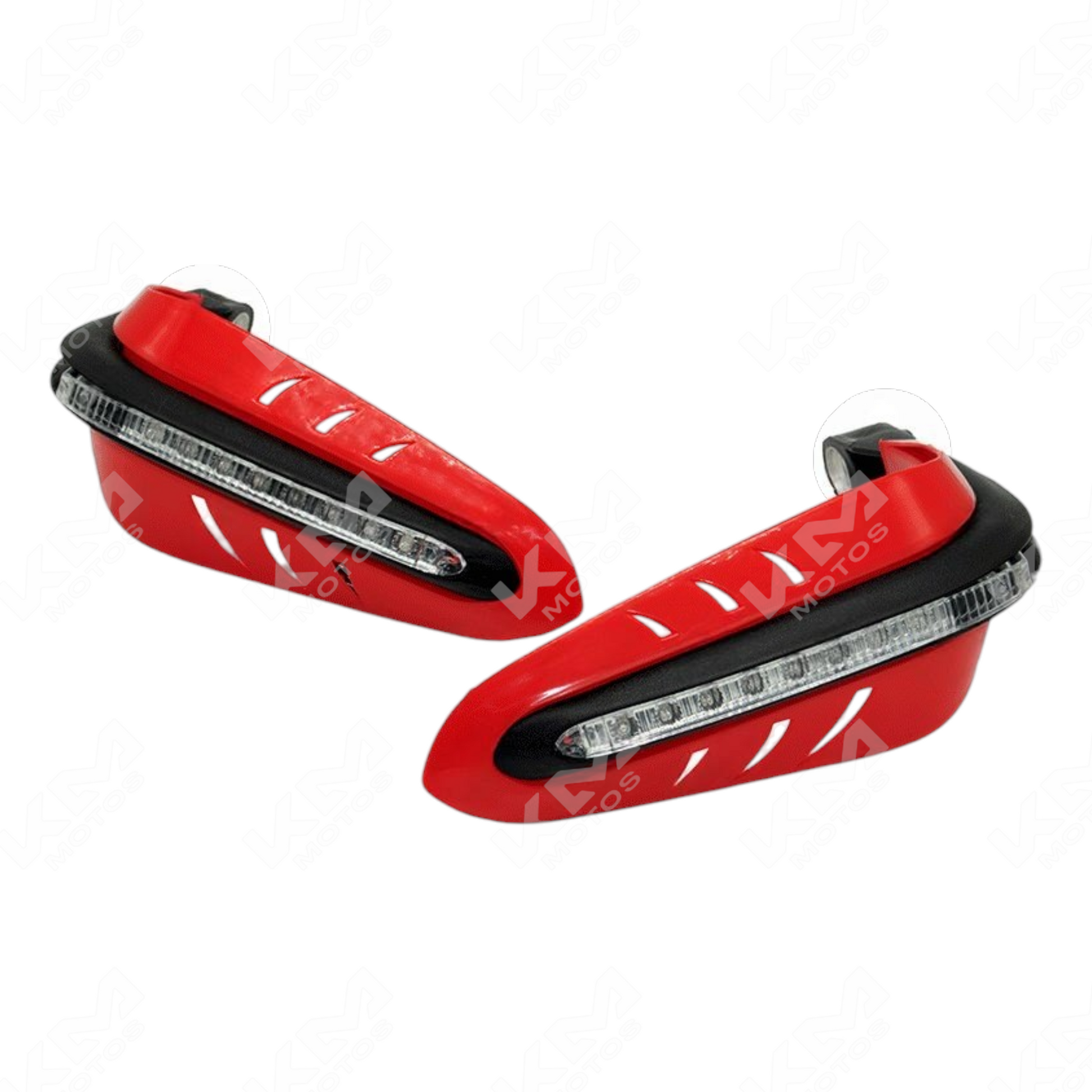 Protector de puños KM Motos con luces LED rojas direccionales, resistente y ideal para motociclistas.
